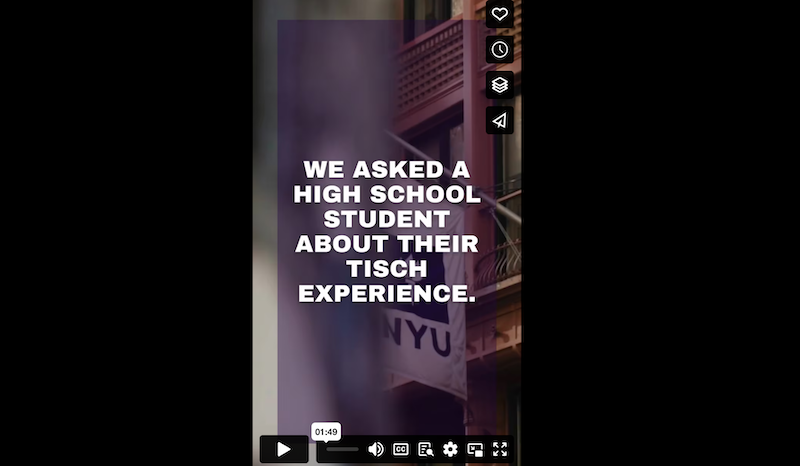 Video still image showing the NYU flag hanging from a building with the following text in white overlaid, "We asked a high school student about their Tisch experience."